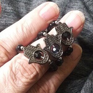 Hamsa Hand + Black Stone Beaded Ring! Protections + Blessings! Uniquely Handmade